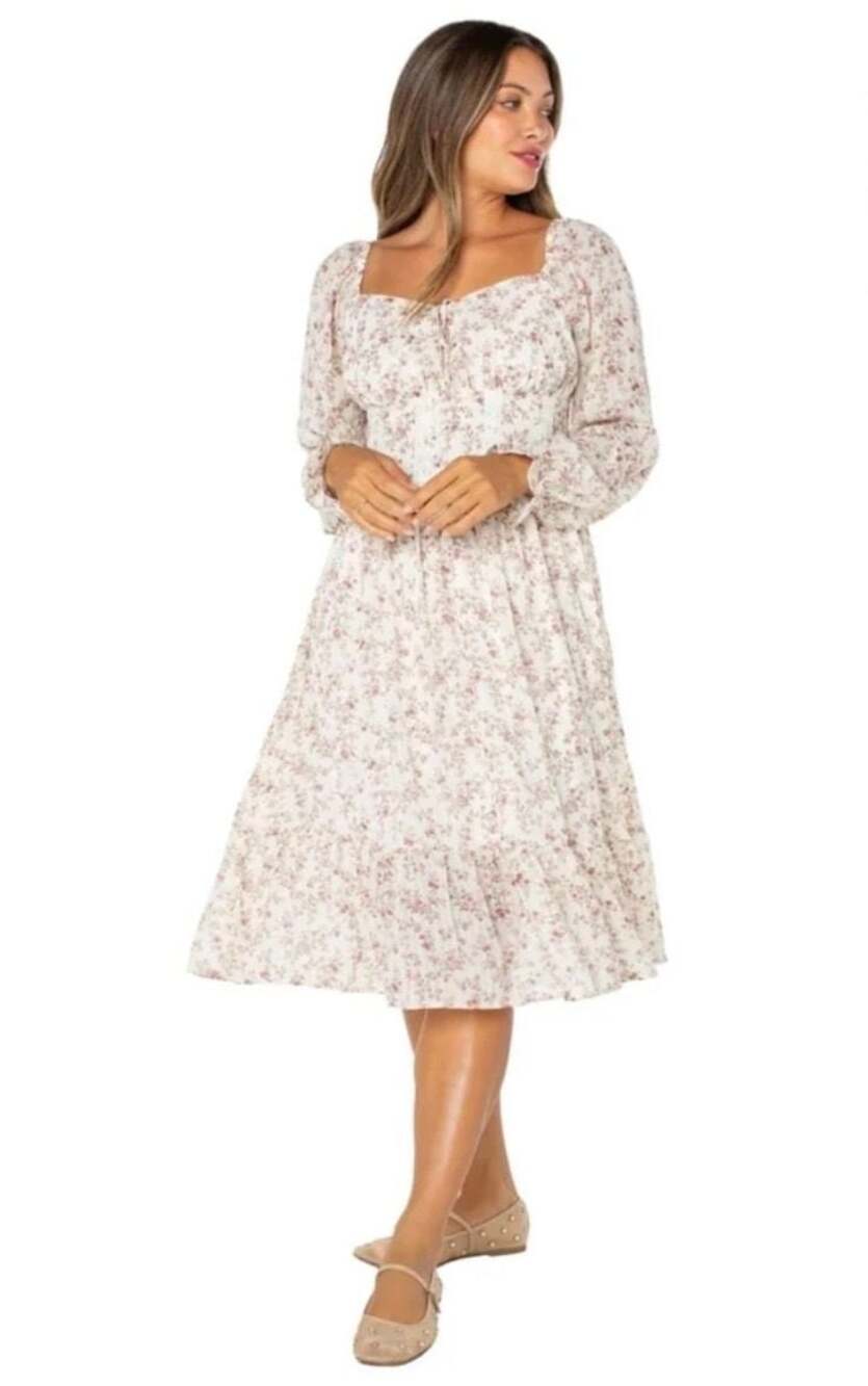 Cottagecore fairy Boho Women's Long Sleeve Floral Print Smocked Midi Dress XXL